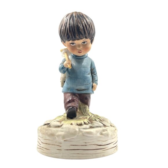 Vintage Gorham Moppets 1973 Fran Mar Music Box Figurine Boy Fishing - Picture 3 of 11